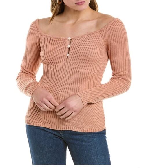 BCBGMAXAZRIA Merino Wool Blend Ribbed Off Shoulder Sweater Top Blush Sz M - Picture 1 of 8